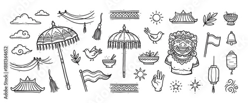Hand-drawn doodle collection of traditional Asian symbols featuring ceremonial umbrellas, a mythical deity mask, temple roofs, and decorative lanterns in a monochrome ink sketch style