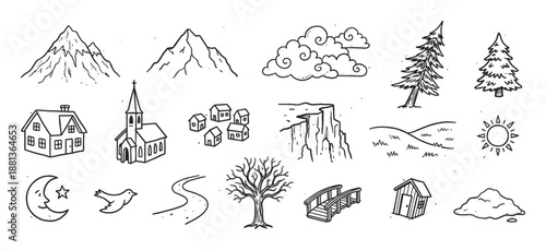 Collection of hand-drawn landscape elements featuring mountains, houses, trees, a church, and a cliff in a simple black and white doodle style for creative design