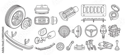 Collection of classic car spare parts including a wheel, brake, bumper, and engine components in a detailed black and white line art illustration for automotive repair concepts