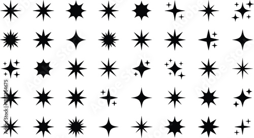 Collection of black ink splatter and starburst patterns on white background