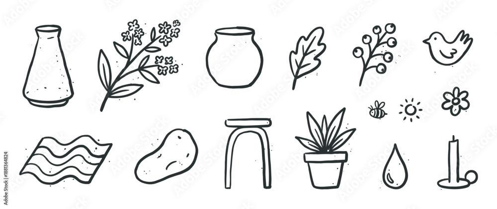 Obraz premium Set of hand-drawn doodle illustrations featuring various nature and home elements like a flower, bird, vase, and candle, created in a simple black and white line art style