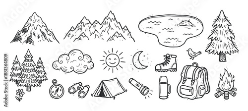 Hand drawn camping and hiking doodle icons set with mountains, tent, campfire, backpack, and other outdoor adventure elements in a simple black and white line art sketch style