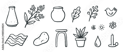 Set of hand-drawn doodle illustrations featuring various nature and home elements like a flower, bird, vase, and candle, created in a simple black and white line art style