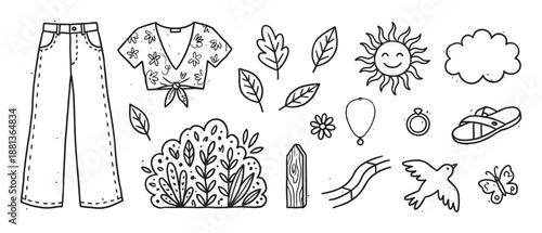 Hand-drawn black and white doodle set of summer fashion and nature elements, featuring wide-leg pants, a floral top, smiling sun, leaves, a bird, and other cute icons