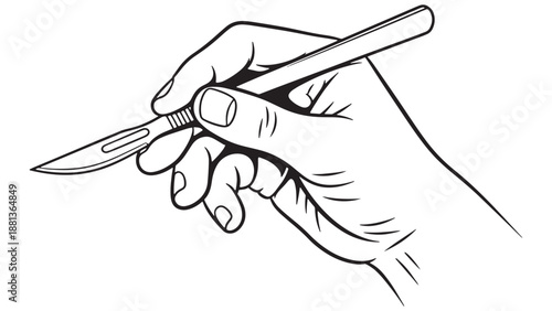 Hand holding scalpel vector line drawing symbolizing surgical incision technique, sterile instrument procurement, operating theater supply budgeting and infection control compliance