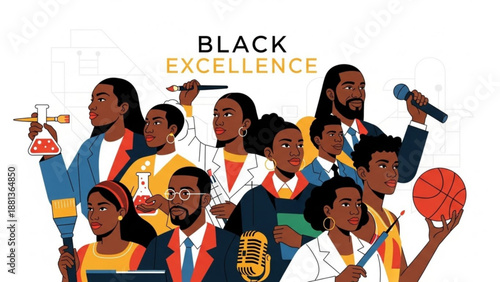 Diverse group of people celebrating black excellence with various professional and sports icons
