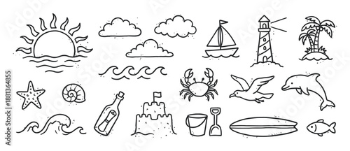 Collection of hand-drawn summer beach icons in a simple black and white doodle style, featuring a sun, crab, lighthouse, sailboat, and other ocean and vacation elements