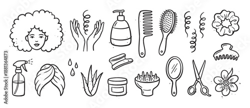 Collection of hand-drawn hair care icons for a curly hair routine with a woman's face, comb, brush, shampoo, and accessories in a black and white doodle style