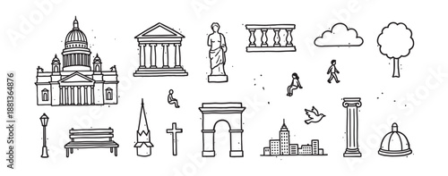 Collection of hand-drawn city life icons featuring famous architectural landmarks, classical statues, and urban elements in a minimalist black and white doodle sketch style