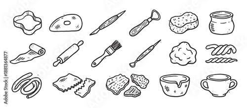 Hand-drawn collection of pottery tools and ceramic supplies in a black and white doodle style, showing various equipment for sculpting, modeling, and crafting with clay