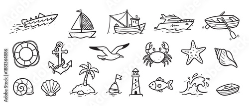 Collection of hand-drawn nautical icons featuring boats, a lighthouse, sea animals, and marine elements in a simple black and white doodle style for summer vacation themes