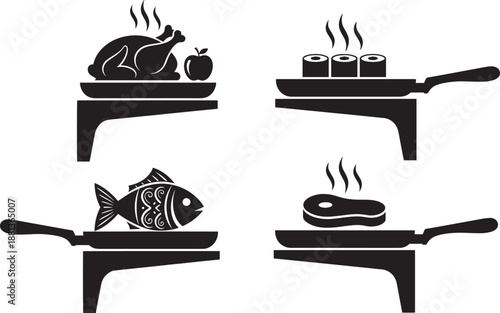 Cooking food icons set with chicken fish steak and sushi roll pan