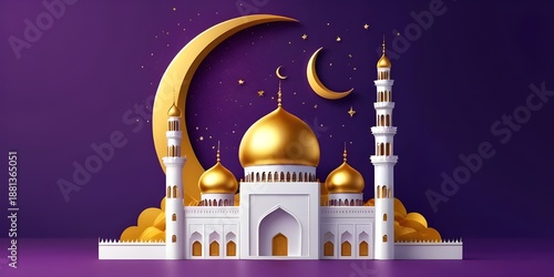 A design featuring a golden moon and a mosque set against a purple backdrop. It's a place for prayers and traditional Islamic rituals. A concept celebrating Ramadan.