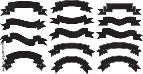 Set of black ribbon banners various shapes vintage retro decoration elements