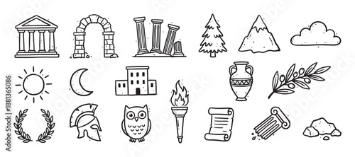 Set of hand-drawn ancient Greek icons featuring a temple, columns, an owl, and a laurel wreath in a simple black and white doodle style illustration collection