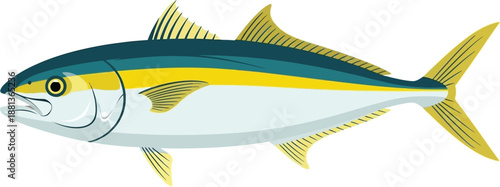 Vibrant illustration of a yellowfin tuna swimming gracefully against a clean white background