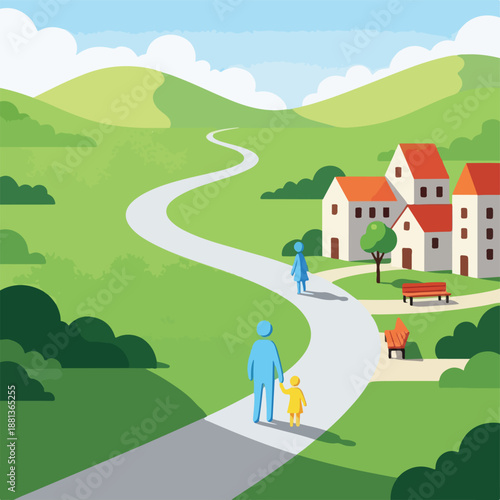 A family walks on a winding road