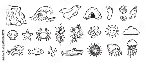 Collection of hand-drawn summer beach doodles featuring marine life and nature elements like a crab, jellyfish, fish, shells, and a smiling sun in a charming line art style