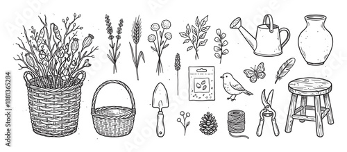 Charming set of hand-drawn gardening illustrations in a rustic doodle style, including a wicker basket with flowers, watering can, trowel, seeds, bird, and wooden stool