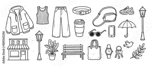 Large collection of hand-drawn doodle illustrations featuring clothing, accessories, and urban lifestyle objects like a shop, bench, and coffee cup in a simple black and white line art style