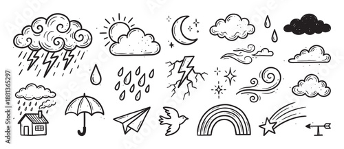 Set of hand-drawn weather doodle icons featuring clouds, sun, moon, rain, lightning, and a rainbow in a simple black and white sketch style illustration