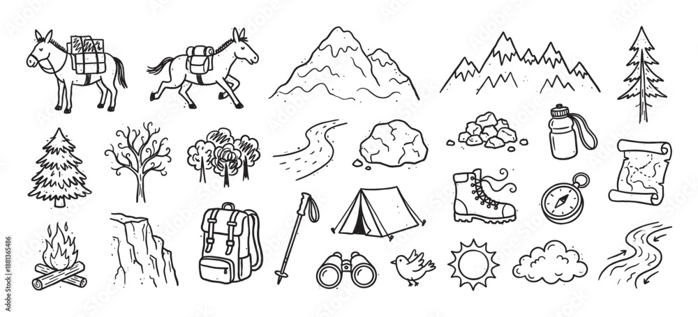 Obraz premium Hand-drawn collection of outdoor adventure and camping doodle icons showing a tent, backpack, mountains, compass, map, and a pack mule for a trekking expedition