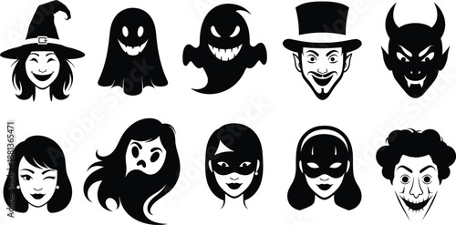 Halloween character silhouette faces for spooky decorations and masks silhouette