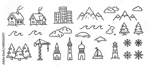 Set of hand-drawn doodle icons featuring city buildings, nature elements like mountains and trees, and winter snowflakes in a simple black and white line art style illustration