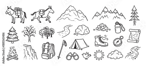 Hand-drawn collection of outdoor adventure and camping doodle icons showing a tent, backpack, mountains, compass, map, and a pack mule for a trekking expedition