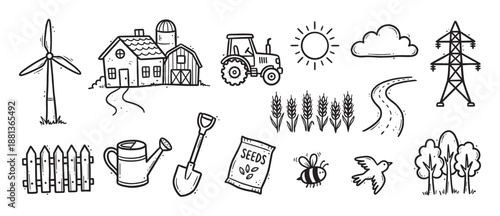 Set of hand-drawn farming and rural icons including a farmhouse, tractor, windmill, and gardening tools in a black and white doodle style illustration for agriculture themes