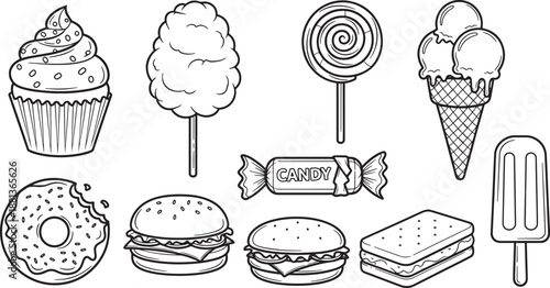 Sweet food doodles set featuring cupcake ice cream and burger icons