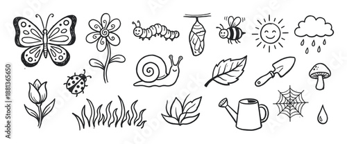 Charming set of hand-drawn nature doodles in a simple black and white outline style, featuring a butterfly, flower, bee, snail, sun, and other cute garden elements