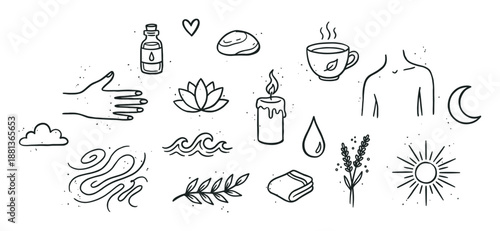 Set of hand-drawn black line icons for wellness and self-care concepts, featuring nature elements like a lotus, sun, moon, and candle in a minimalist doodle art style