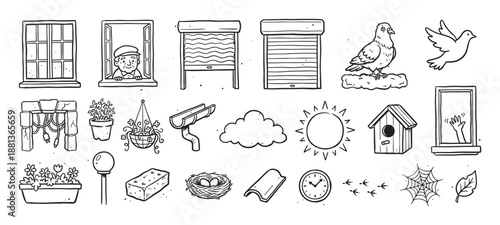 Collection of black and white hand-drawn doodle icons showing neighborhood life with windows, birds, a nest, sun, flowers, a clock, and other charming home-related elements