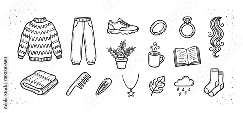 Set of black and white doodle icons featuring cozy lifestyle elements like a sweater, book, coffee, and plant, hand-drawn in a simple, cute, minimalist line art style
