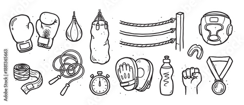 Collection of hand-drawn boxing equipment illustrations featuring gloves, a punching bag, headgear, and a medal in a black and white sketch style for combat sports and fitness