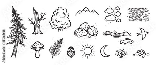 Set of hand-drawn nature doodle icons including trees, mountains, sun, moon, and animals in a simple black ink sketch style illustration