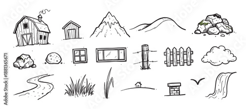 Hand-drawn doodle collection of rural landscape elements including a barn, mountain, fence, river, and rocks in a black and white sketchy ink illustration style for creative projects