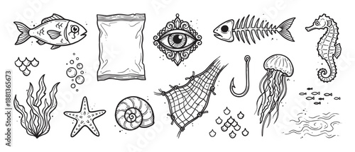 Collection of hand-drawn marine life illustrations featuring a fish, seahorse, jellyfish, skeleton, and fishing net in a black and white sketch doodle style for creative concepts