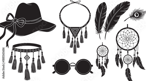 Boho accessories collection with hat necklace and dreamcatcher art