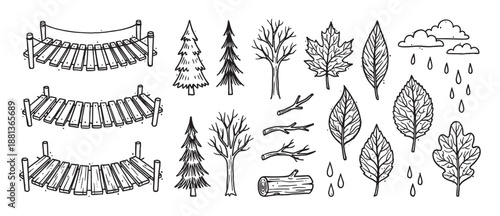 Set of hand-drawn forest elements featuring rope bridges, pine trees, autumn leaves, and rainy clouds in a charming black and white doodle style perfect for outdoor adventure themes