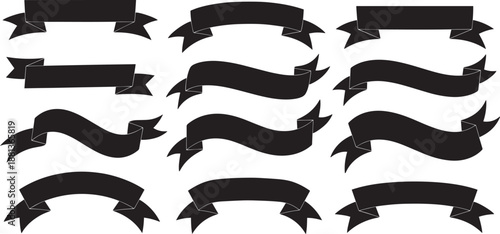 Blank black ribbon banners set with different curves and wave shapes