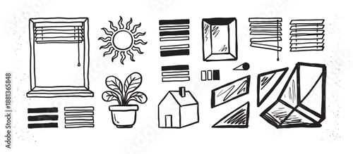 Set of hand-drawn black ink doodles featuring a window with blinds, a sun, a house, a potted plant, and various abstract geometric shapes in a simple, sketchy style