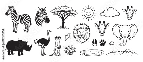 Collection of hand-drawn safari animal illustrations featuring a zebra, lion, elephant, giraffe, rhino, ostrich, and meerkat in a cute doodle style with nature elements