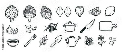 Collection of black and white doodle icons for cooking and gardening themes, including vegetables, fruits, kitchenware, and nature elements in a simple line art style