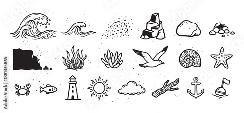 Set of hand-drawn nautical icons featuring a wave, lighthouse, anchor, crab, and other sea elements in a simple black and white doodle sketch style with texture