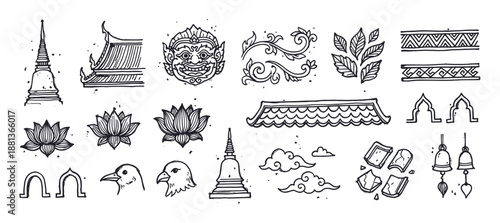 Hand-drawn collection of traditional Southeast Asian symbols in a black and white sketch style, featuring a stupa, giant mask, lotus flower, temple roof, and cultural ornaments