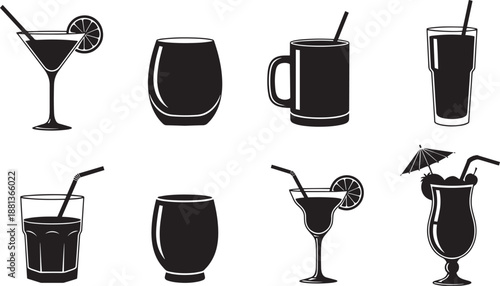 Various alcoholic beverage and cocktail glasses silhouettes set