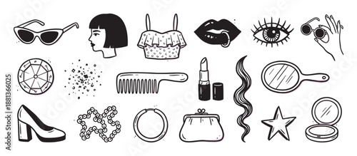 Collection of hand-drawn fashion and beauty doodle illustrations featuring lipstick, sunglasses, shoes, and a mirror in a minimalist black and white line art style