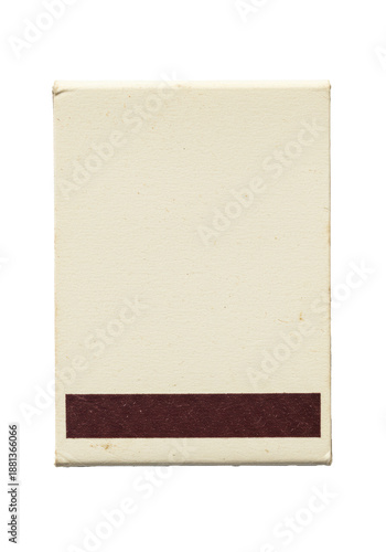 Blank vintage matchbook cover of textured recycled cardboard on a white background with soft shadow in a flat lay view. Concept for vintage branding mockup